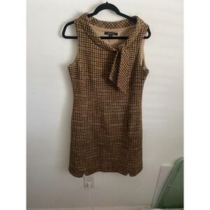 Fashionista Womens Brown Tweed Sleeveless Shift Dress Cowl Neck Tie Size 8